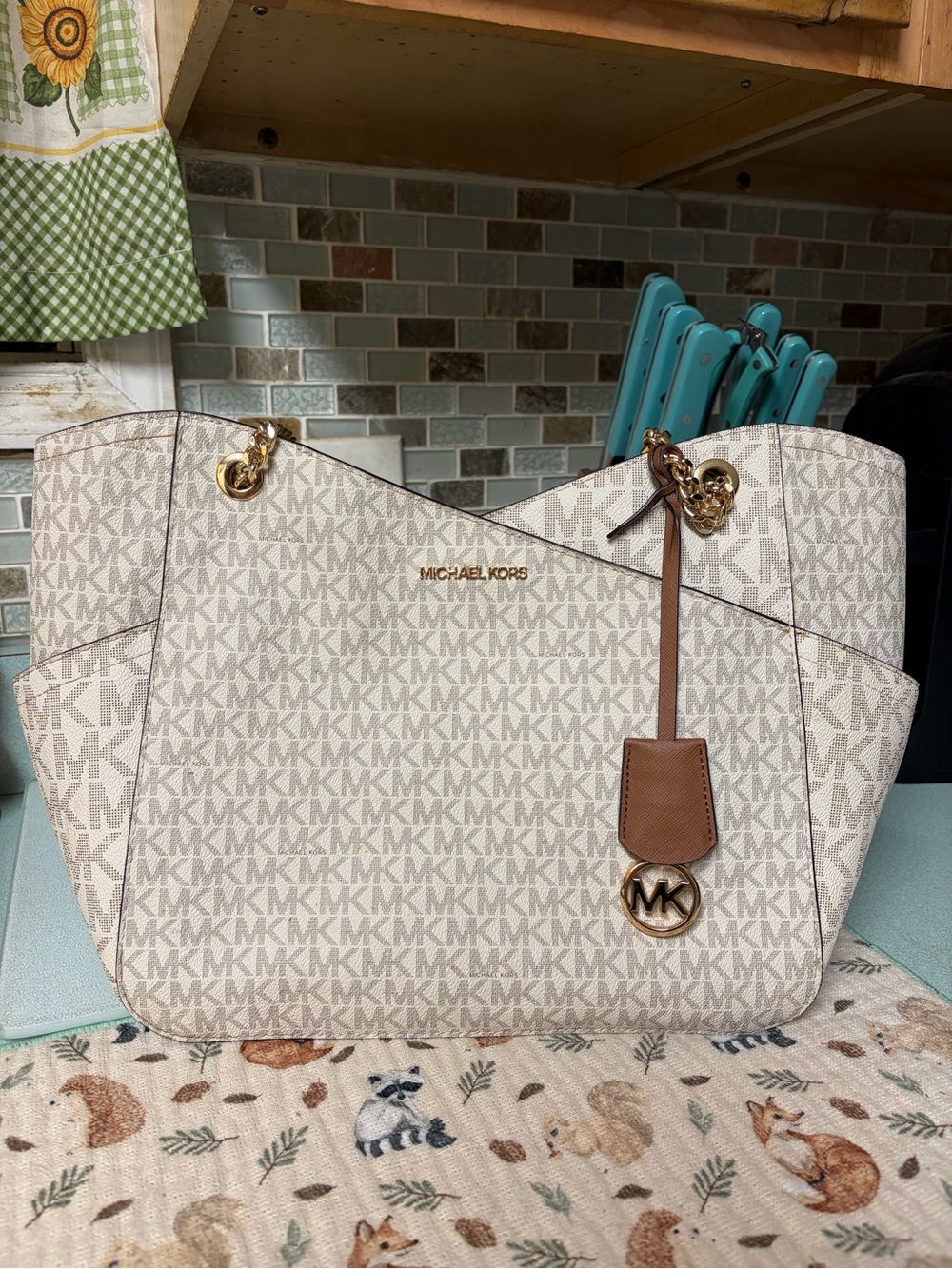 Michael Kors Cream MK Logo Tote with Brown Trim and Gold Hardware